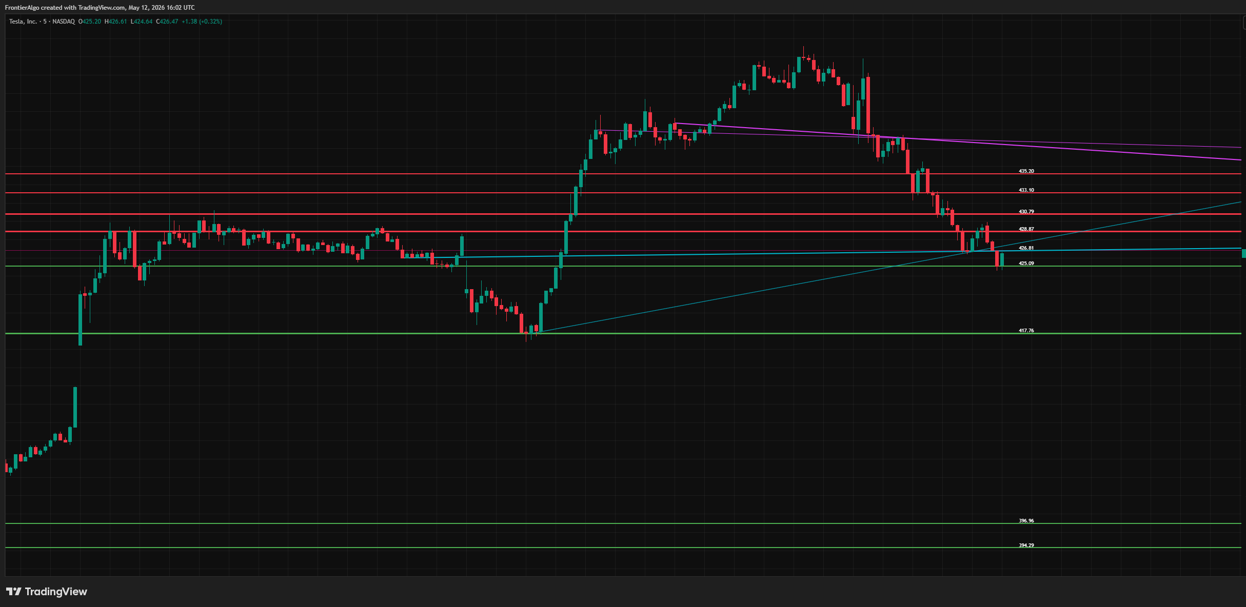 Tesla 5-minute chart with bright green support levels, four bright red resistance levels and one dull maroon weak resistance showing machine-learning strength scoring, plus red resistance levels and auto-drawn trend lines